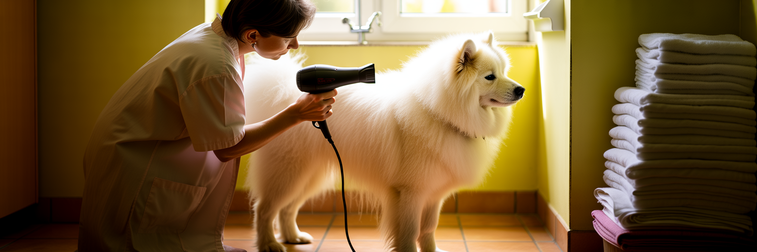 Person blow-drying a dog's coat.