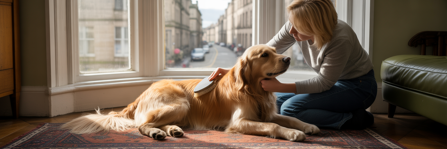 Person brushing a long-haired dog at home.