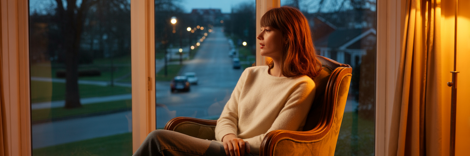 Person calmly observing night from window.