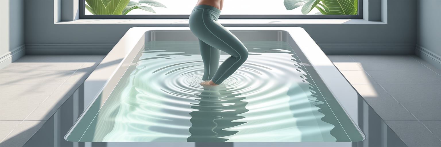 Person calmly stepping into cold plunge tub.