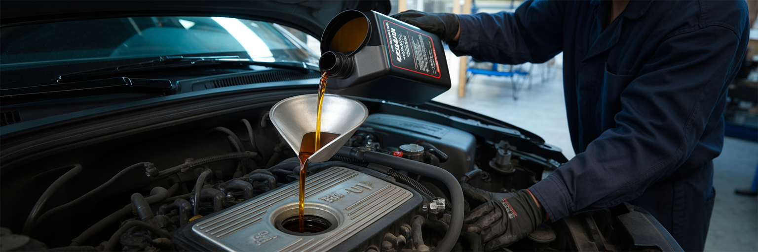 Person carefully adding new oil to car engine.