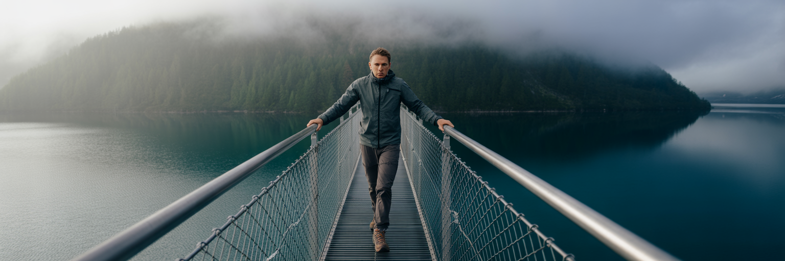 Person carefully crossing a modern glass bridge.