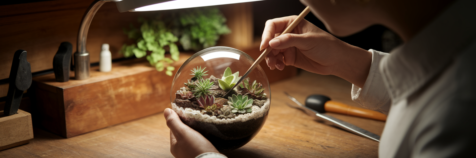 Person carefully nurturing a plant terrarium.