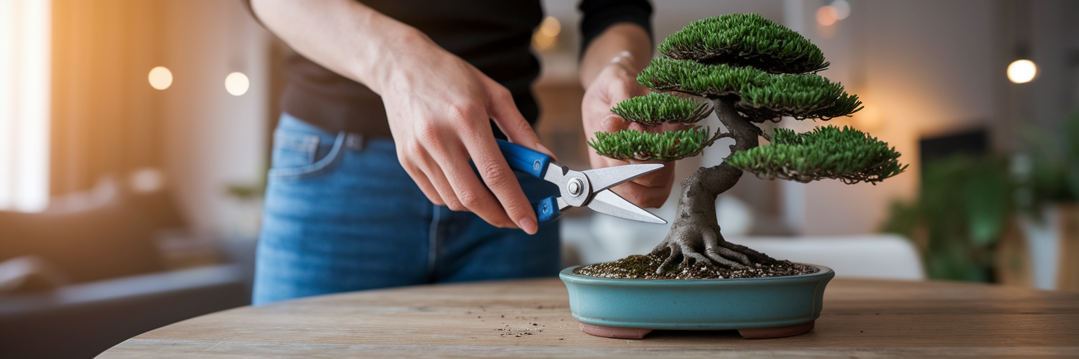 Person carefully pruning a bonsai tree.