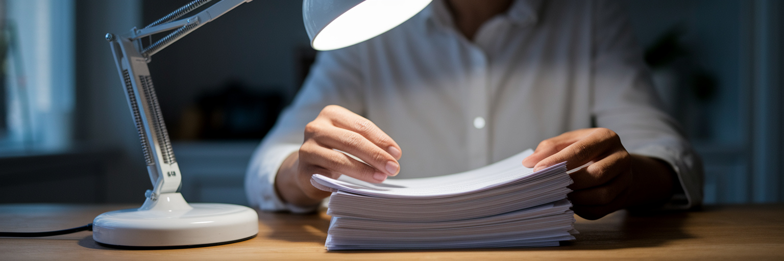Person carefully reviewing vehicle documents.