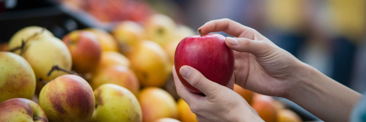 Person carefully selecting fresh apple