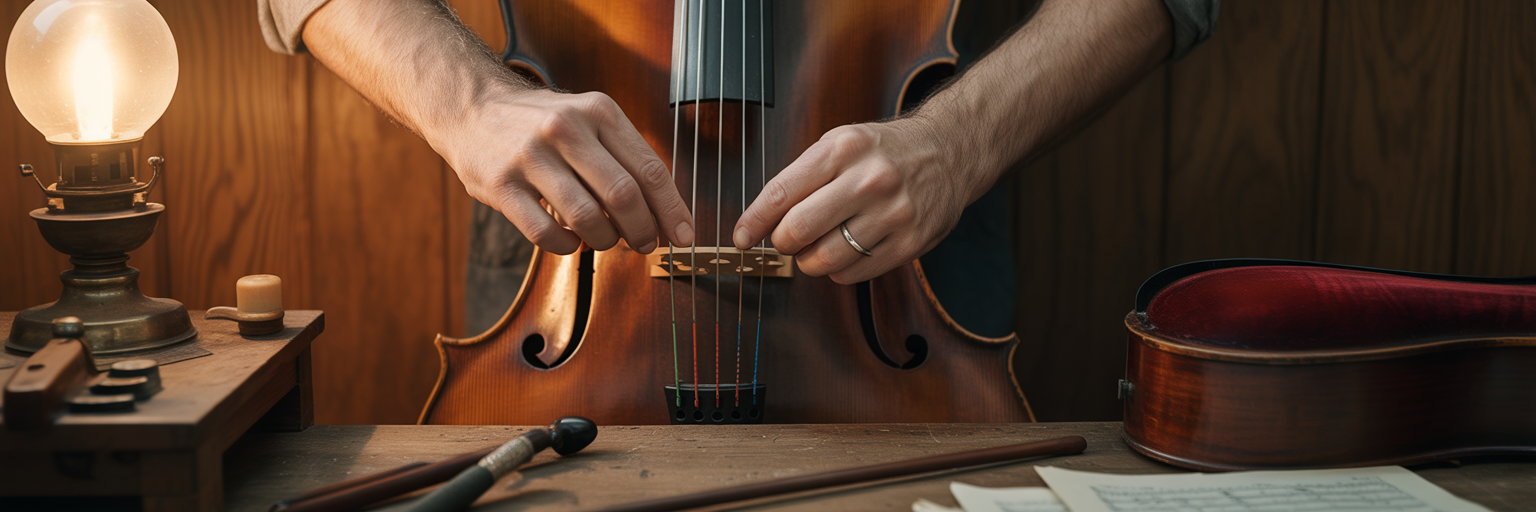 Person carefully tuning a stringed instrument.