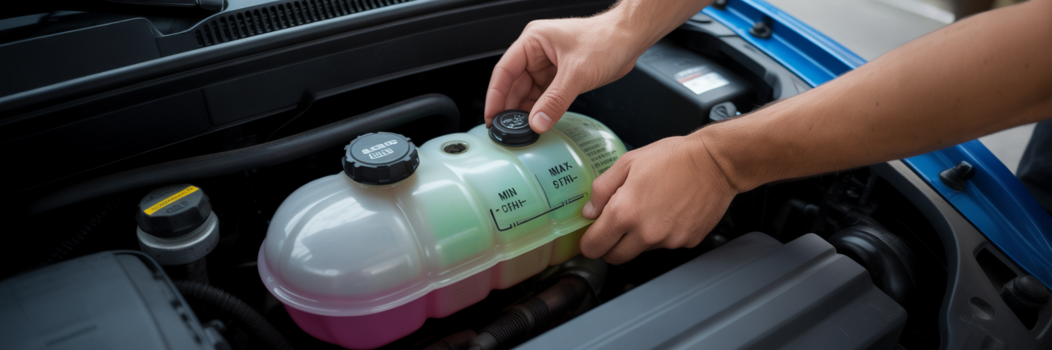 Person checking car engine coolant level.