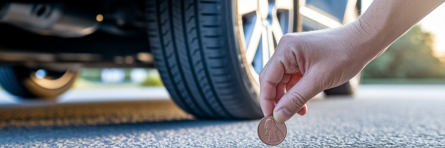 Person checking tire tread with a penny.