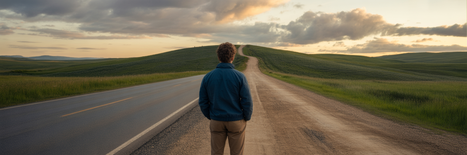 Person choosing between a paved road and a dirt trail.