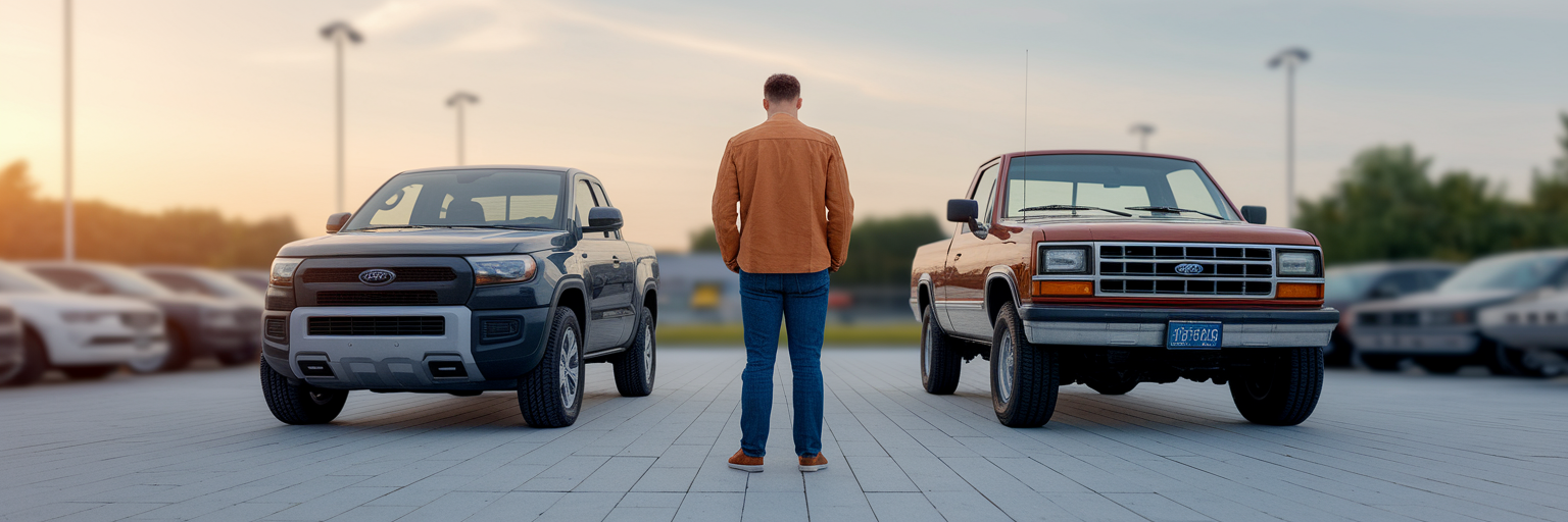 Person choosing between two different pickup trucks.