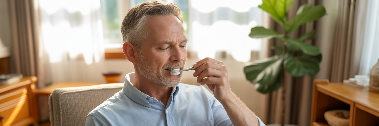 Person cleaning around a dental implant.