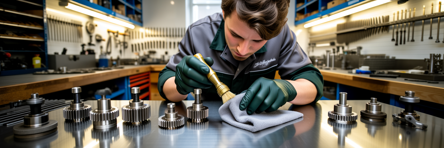Person cleaning mechanical parts on a workbench.
