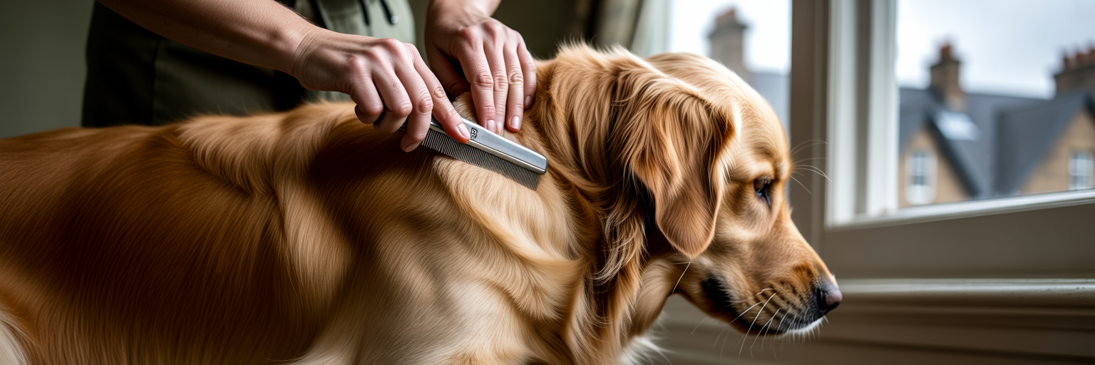 Person combing a dog's thick fur.