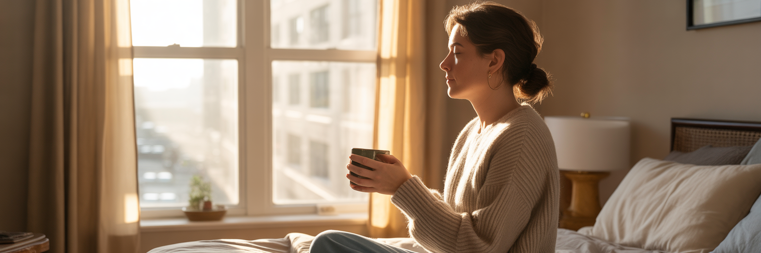 Person contemplating by window at sunrise.