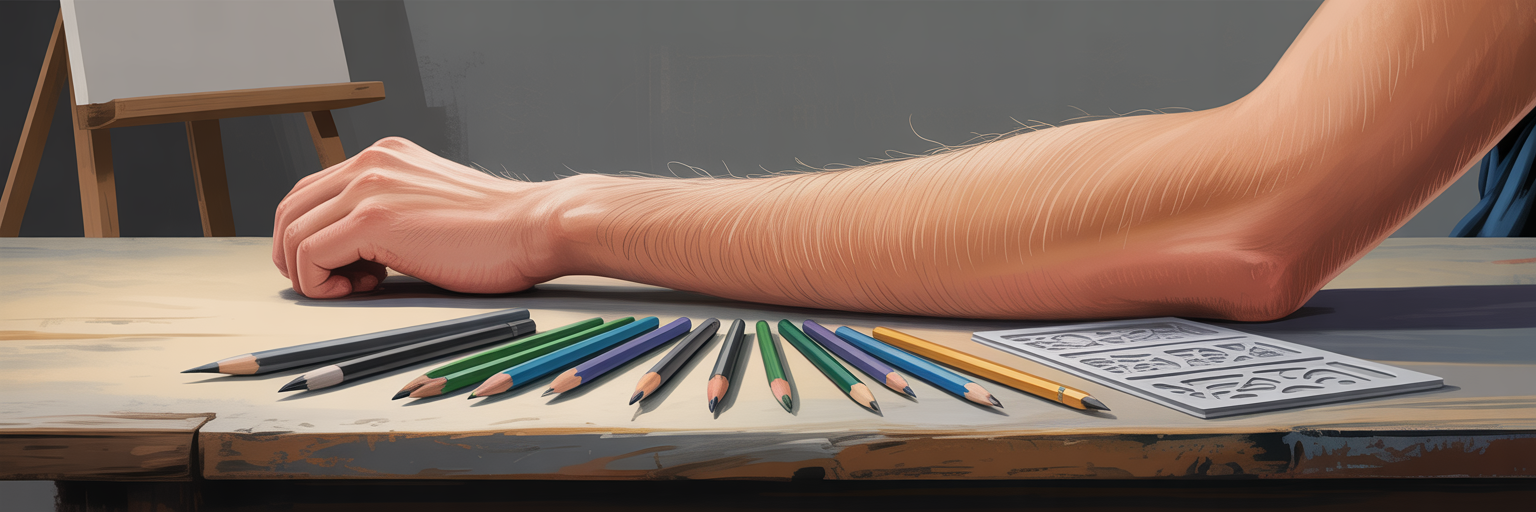 Person contemplating their arm in an artist's studio.