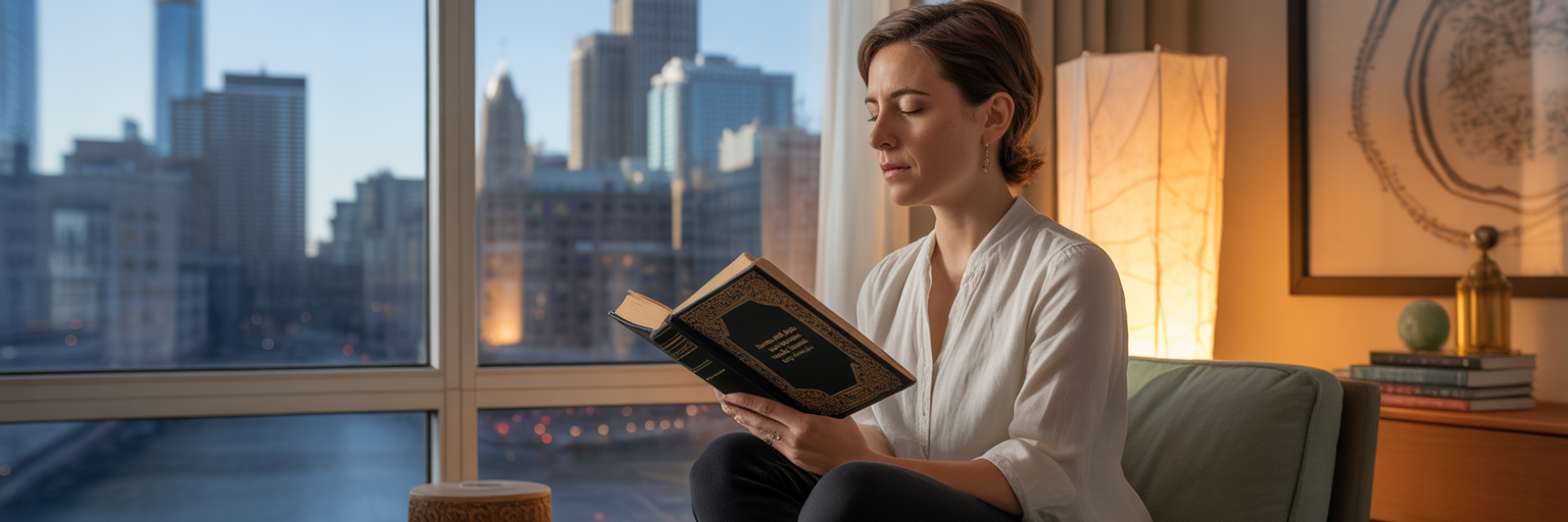 Person contemplating with spiritual text