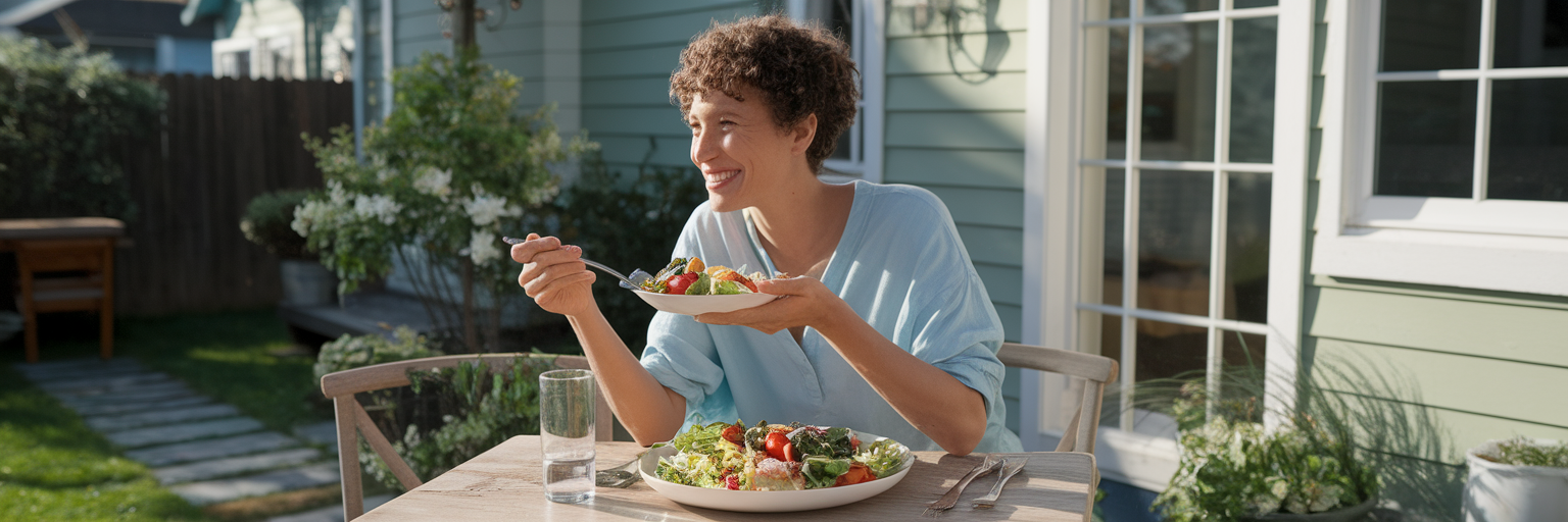 Person enjoying healthy meal outdoors peacefully.