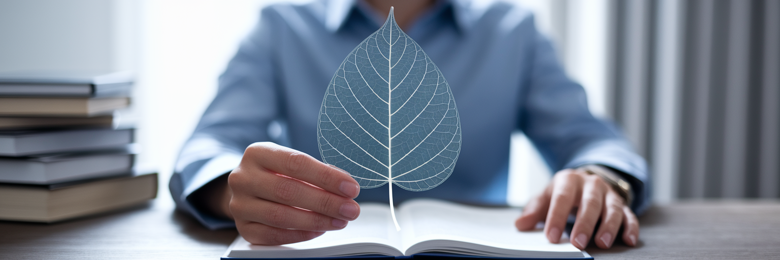Person examining a clear leaf symbolizing transparency.