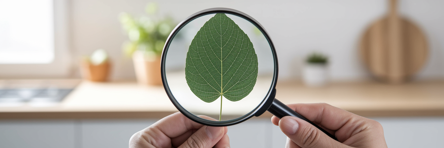 Person examining a leaf with magnifying glass.