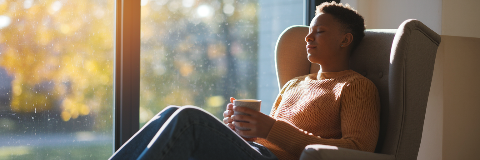 Person finding a peaceful moment indoors.