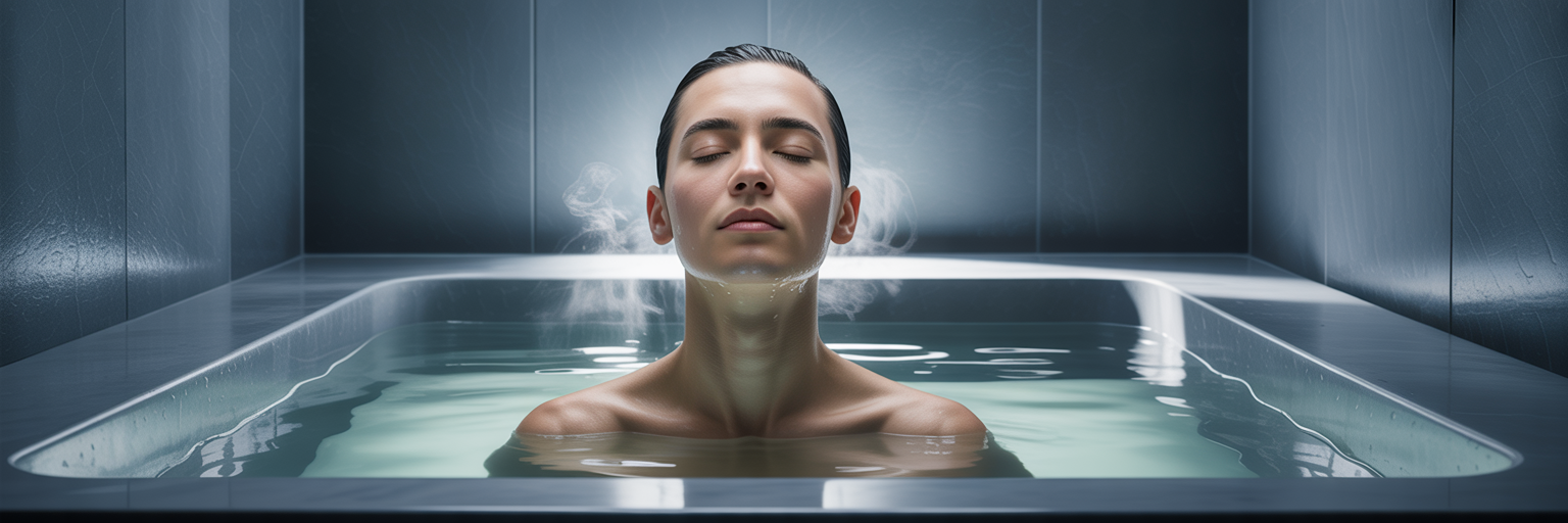 Person finding calm focus in cold plunge tub.