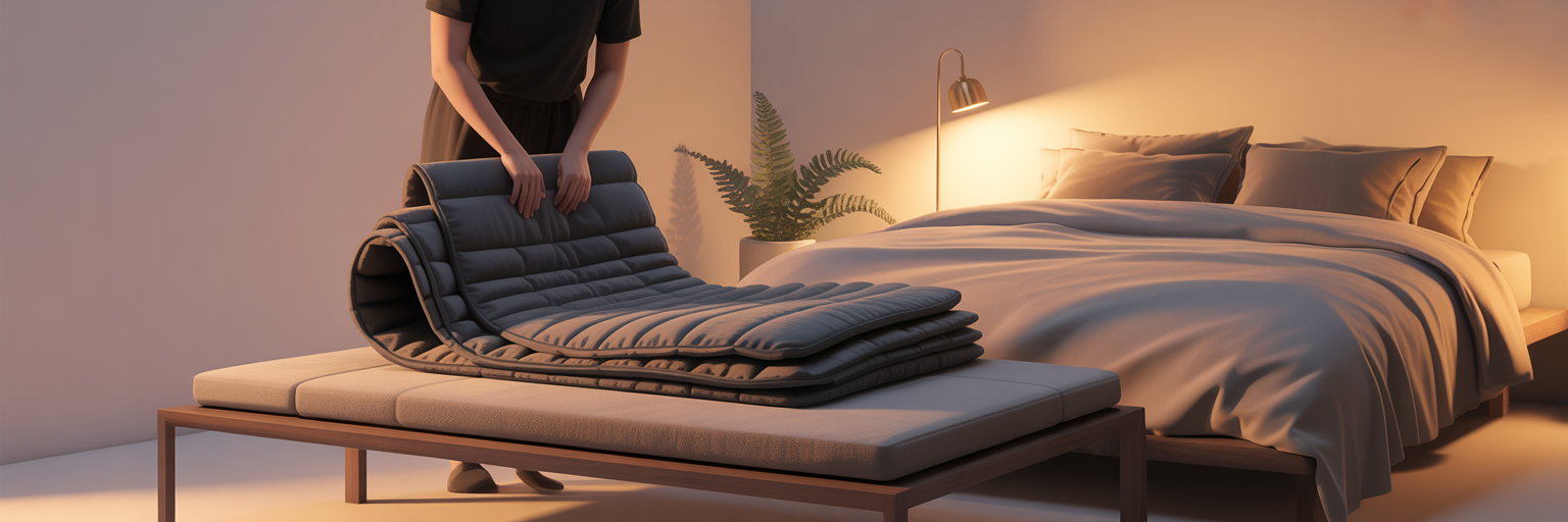 Person folding sauna blanket in bedroom.