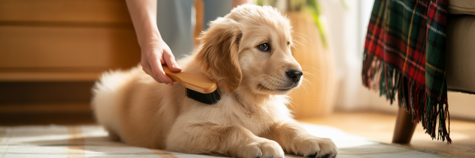 Person gently brushing a puppy's coat indoors.