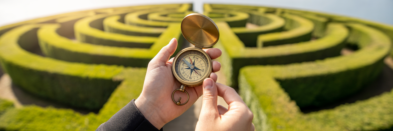 Person holding a compass before a hedge maze.