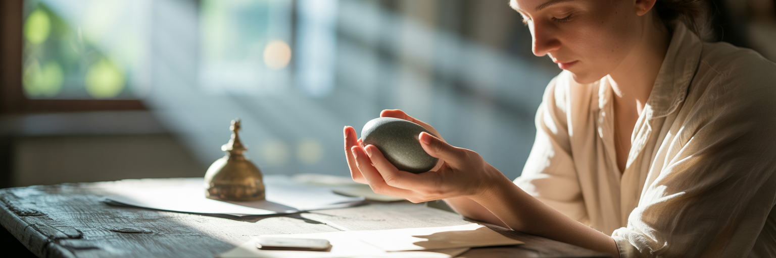 Person holding a smooth stone meditating.