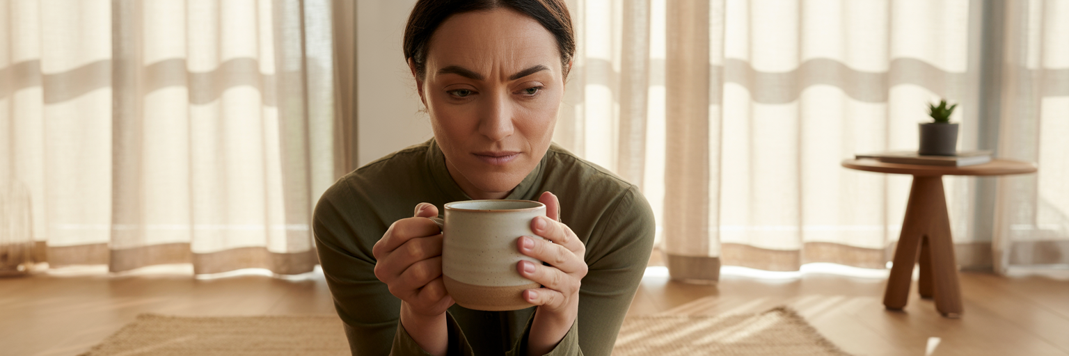 Person holding ceramic mug with intention.