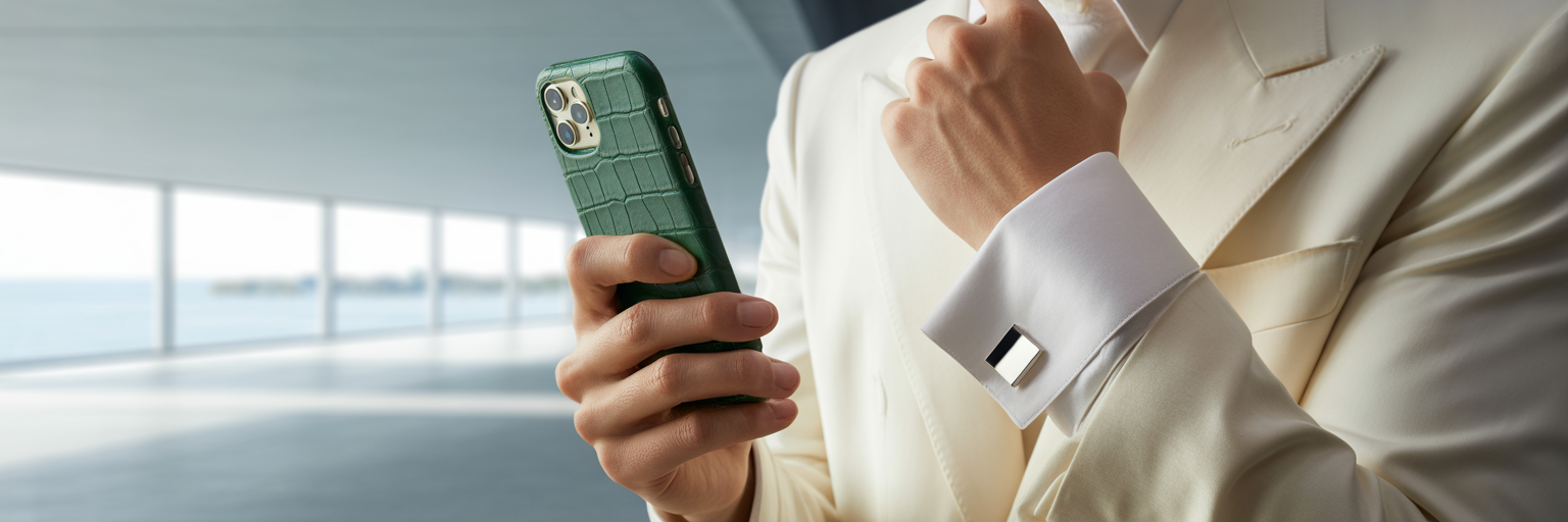 Person holding crocodile case in formal attire.