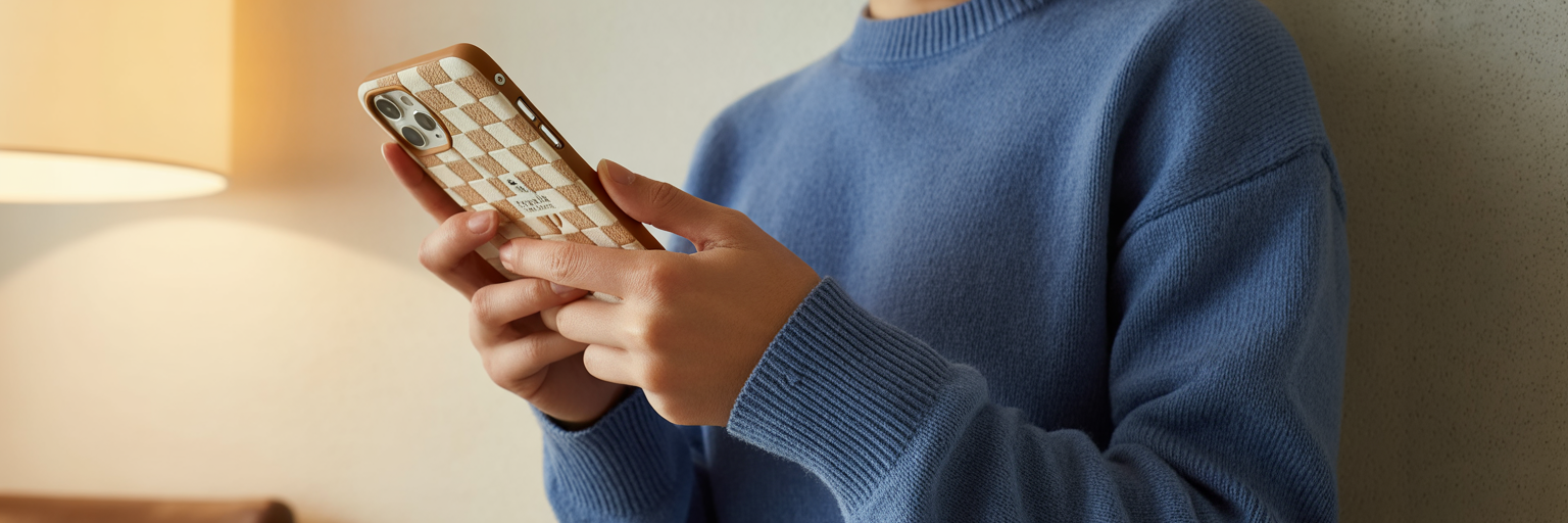 Person holding iPhone with checkered case.
