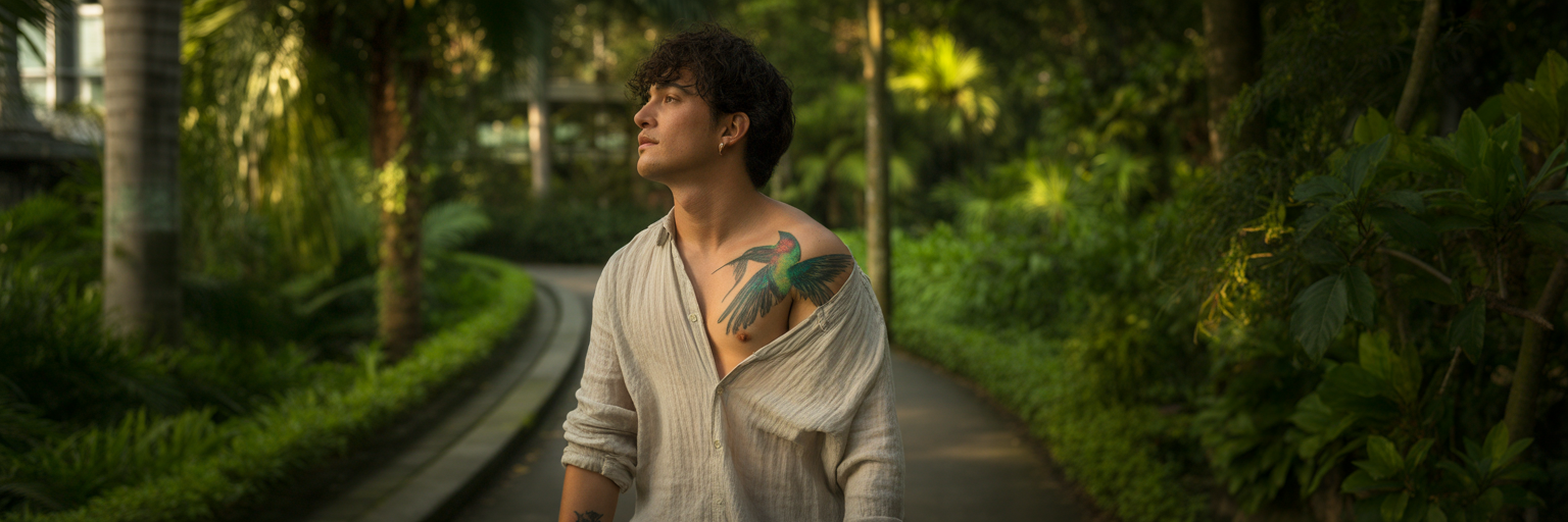 Person in linen shirt protecting tattoo outdoors.
