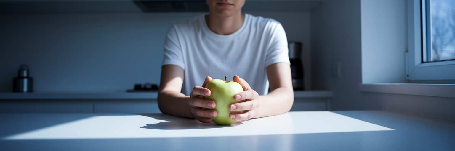 Person in modern kitchen considering an apple.