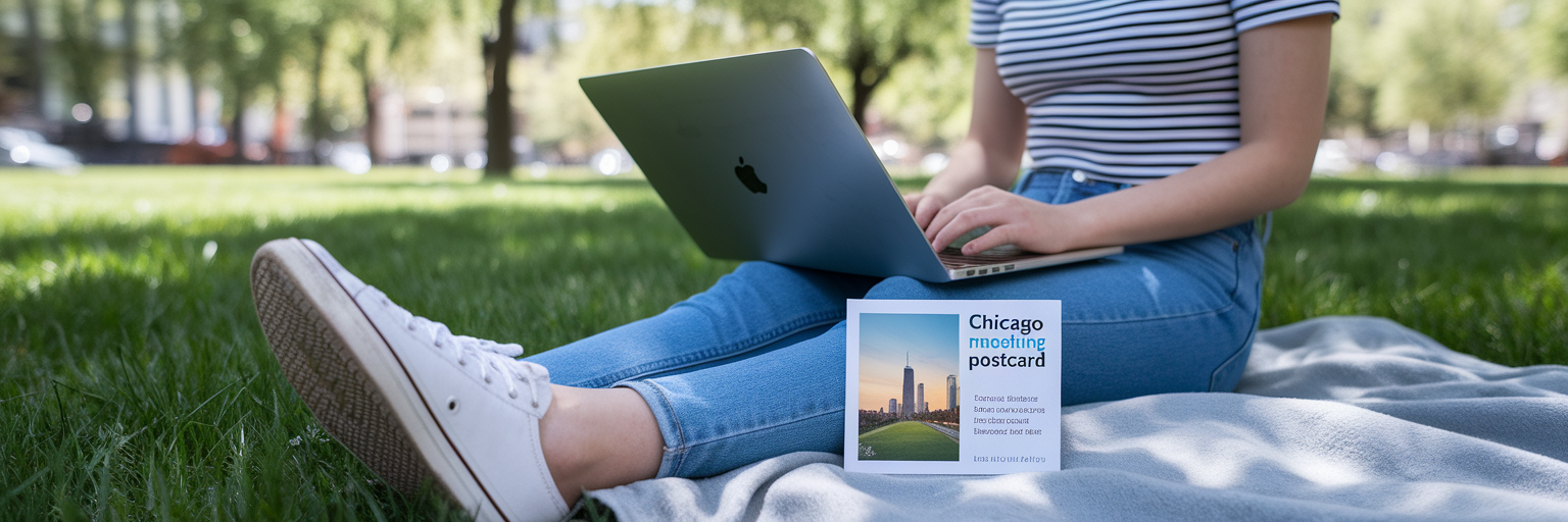 Person in park notices promotional postcard.