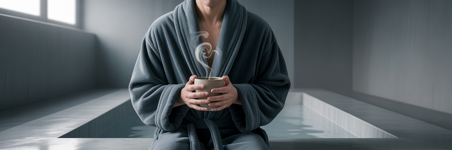 Person in robe holding mug after cold plunge.