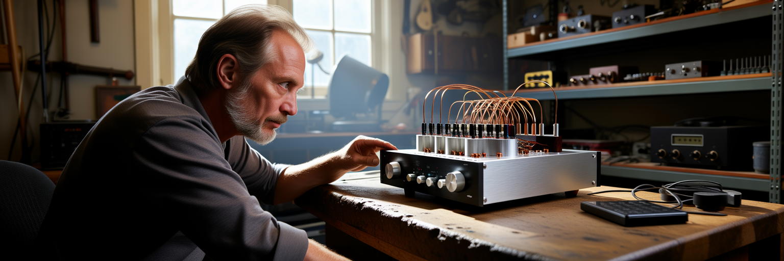 Person inspecting a high-quality audio amplifier.