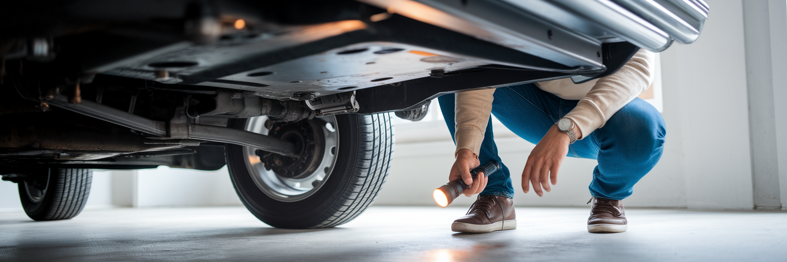 Person inspecting under a used car.
