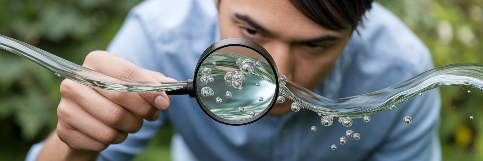 Person inspecting water stream with magnifying glass.