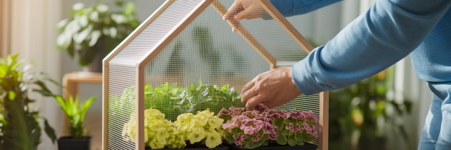 Person installing a protective screen in a greenhouse
