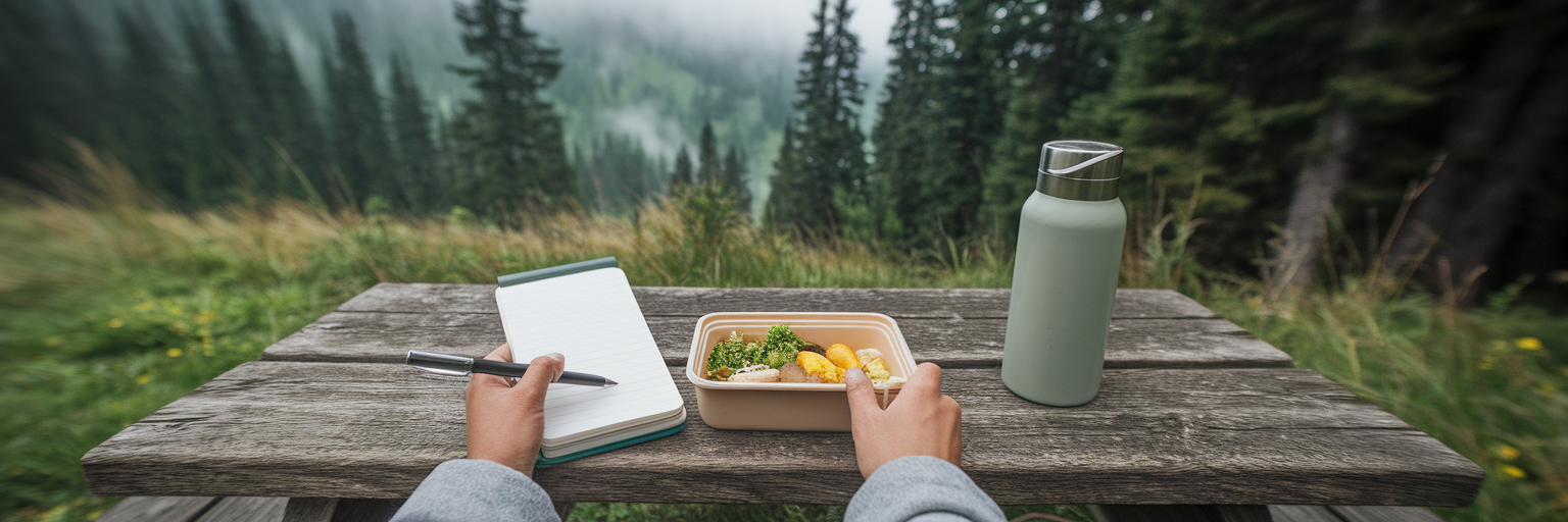 Person journaling about a meal outdoors