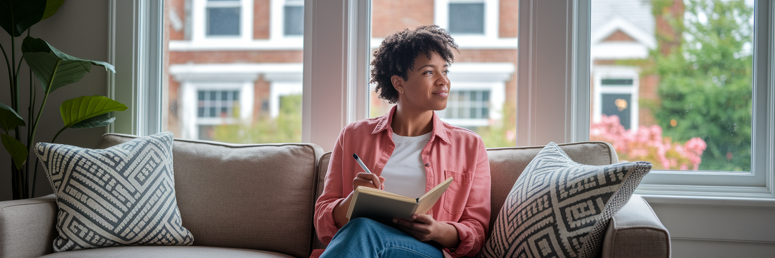Person journaling about health journey at home.