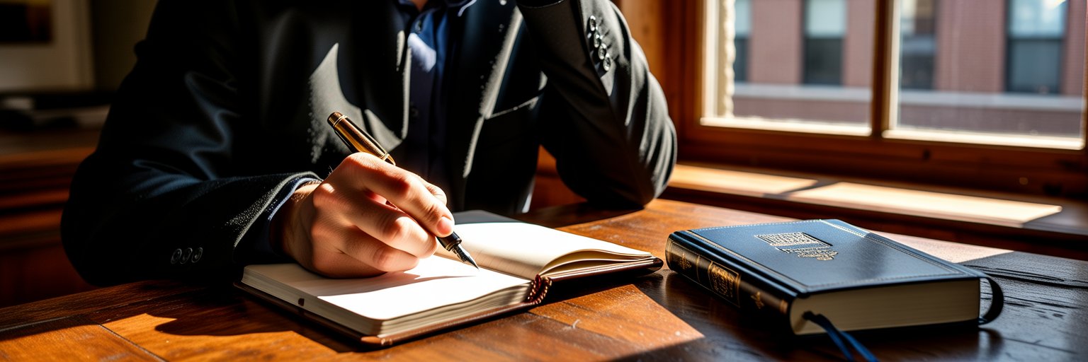 Person journaling at desk before prayer.