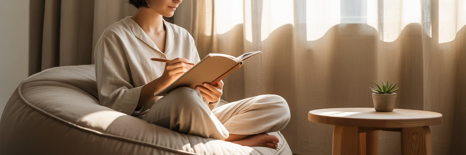 Person journaling in a quiet, sunlit room.