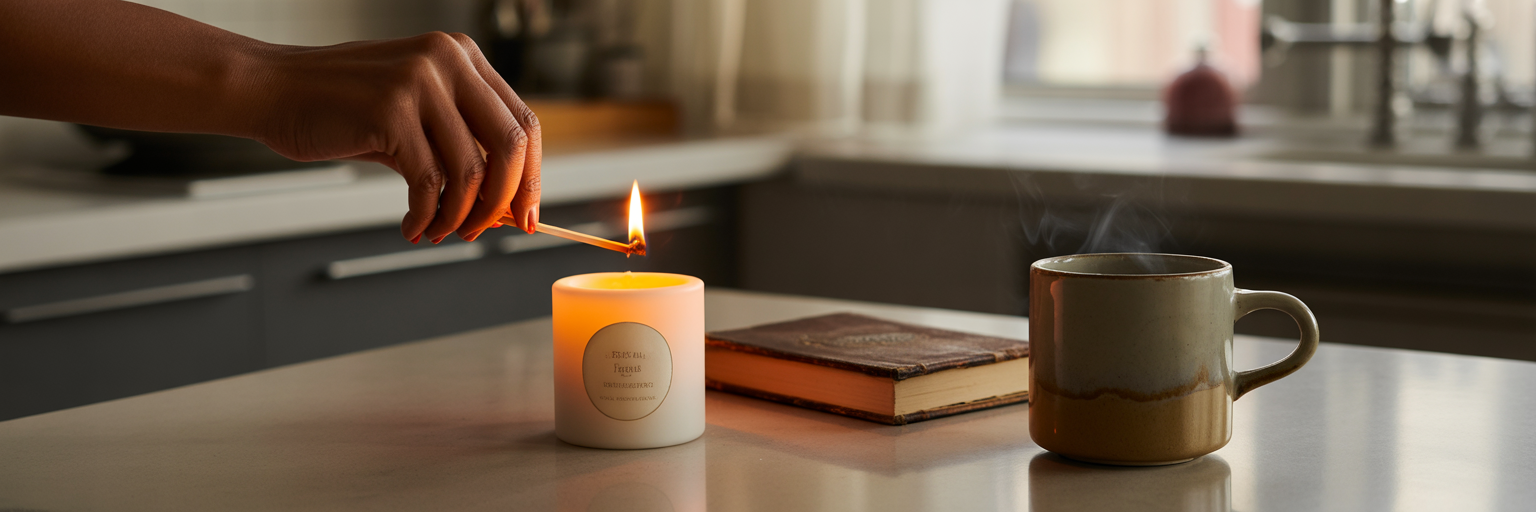Person lighting candle by journal at dawn.