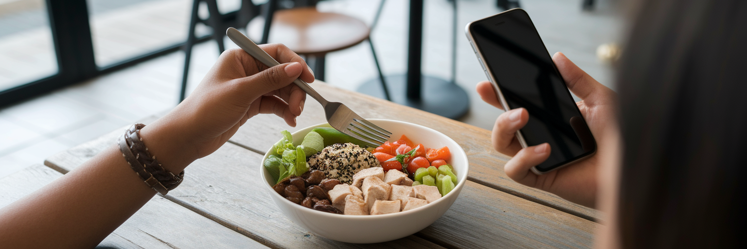 Person logging meal on smartphone before eating.