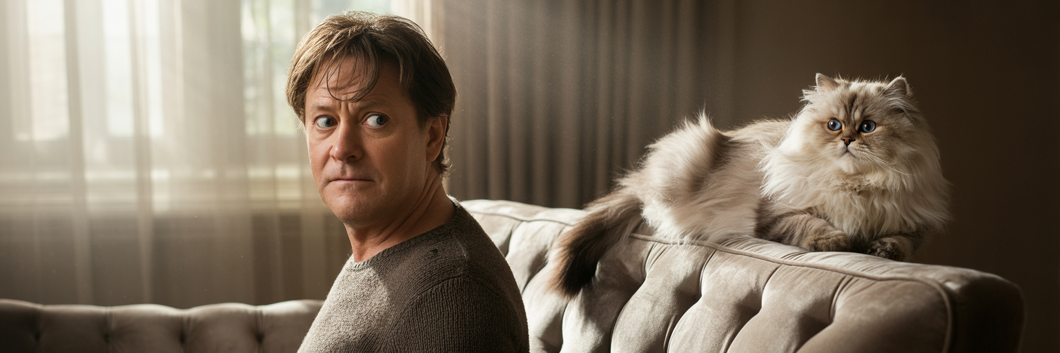 Person looking suspiciously at pet cat
