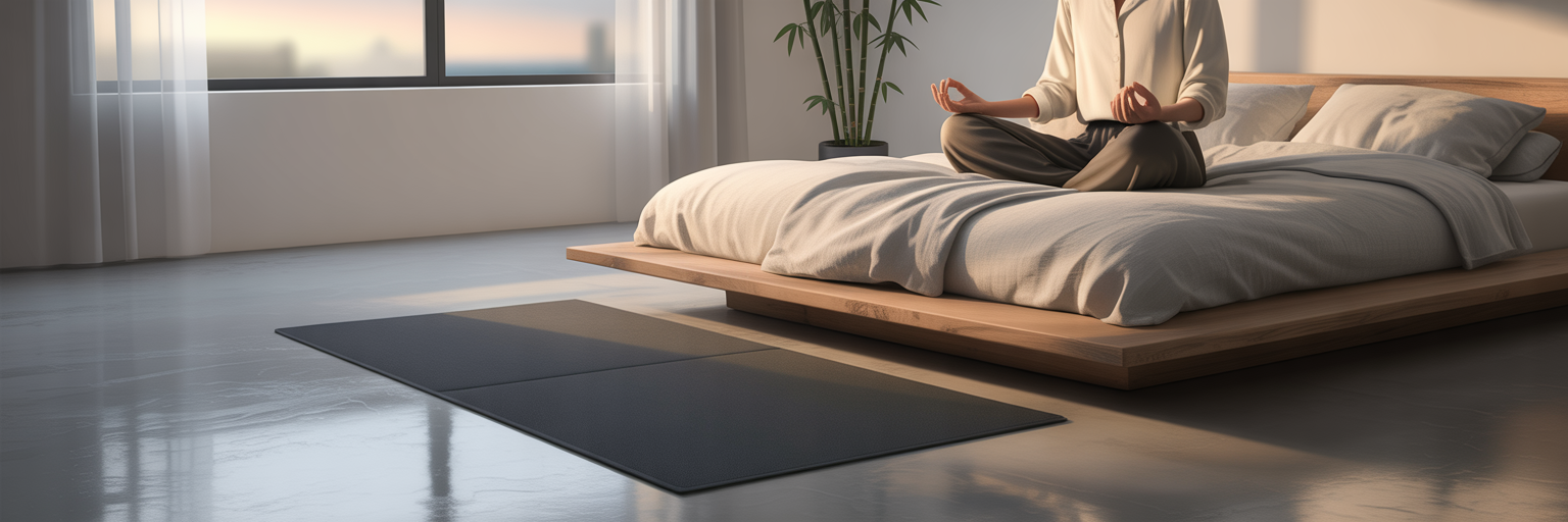 Person meditating beside a PEMF mat.