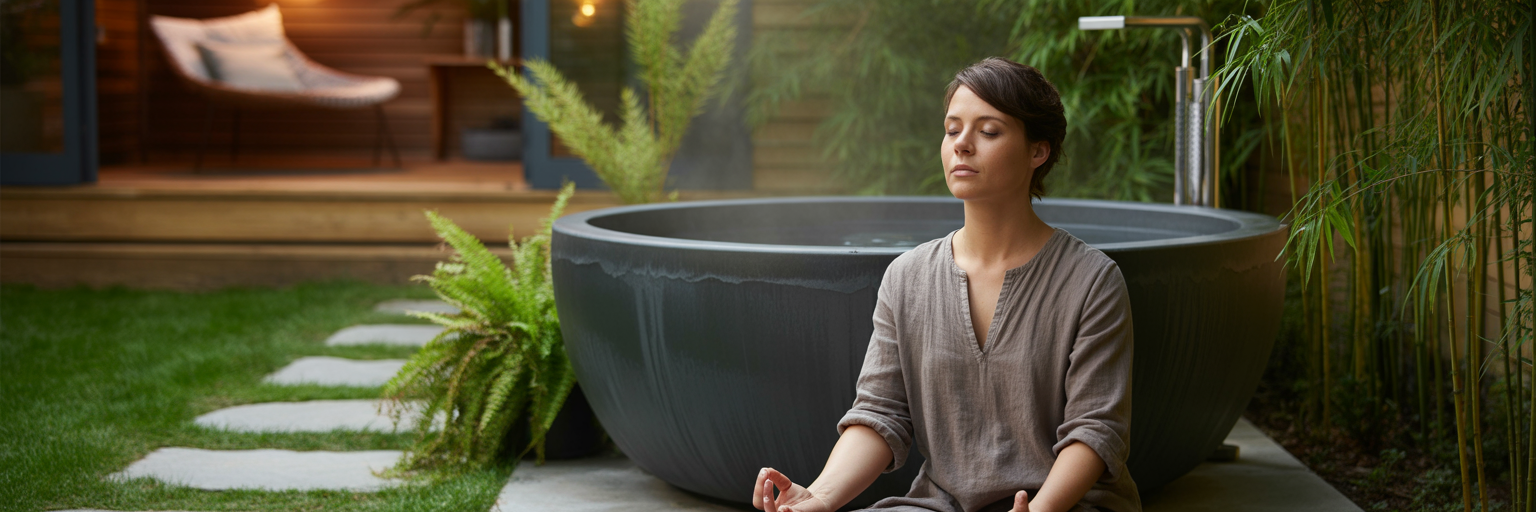 Person meditating beside cold plunge tub